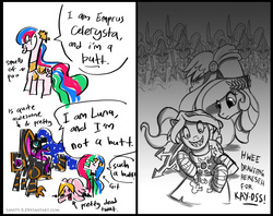 Size: 1442x1142 | Tagged: safe, artist:sanity-x, nightmare moon, princess celestia, princess luna, pegasus, pony, g4, adeptus custodes, april fools, chaos, chaos (warhammer 40k), chaos undivided, comic, crossover, cultist, cultist chan, cute, dawn of war, dead, decapitated, fangs, god empress of ponykind, god-emperor of mankind, guardian spear, head on a pike, helmet, heresy, horus, horus lupercal, kay-oss, ponified, power armor, powered exoskeleton, sanguinius, severed head, slaanesh, this will end in tears, this will end in tears and/or death, tongue out, warhammer (game), warhammer 40k, x eyes