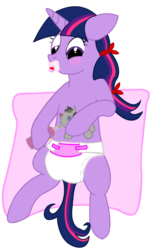 Size: 540x885 | Tagged: safe, artist:lphooves, smarty pants, twilight sparkle, pony, unicorn, g4, abdl, adult foal, blushing, changing mat, diaper, diaper fetish, female, non-baby in diaper, pacifier, ribbon, solo, unicorn twilight