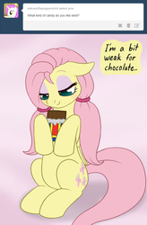 Size: 868x1324 | Tagged: safe, artist:marindashy, fluttershy, g4, alternate hairstyle, bedroom eyes, chocolate, chocolate bar, eyes on the prize, female, floppy ears, fluttershy answers, hoof hold, sitting, smiling, solo, tumblr