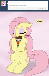 Size: 868x1324 | Tagged: safe, artist:marindashy, fluttershy, g4, alternate hairstyle, biting, chocolate, chocolate bar, cute, eating, eyes closed, eyeshadow, female, floppy ears, fluttershy answers, hoof hold, nom, sitting, smiling, solo, tumblr