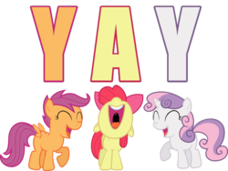 Size: 640x480 | Tagged: safe, artist:sulyo, edit, apple bloom, scootaloo, sweetie belle, earth pony, pegasus, pony, unicorn, g4, stare master, ^^, caption, cutie mark crusaders, eyes closed, female, filly, foal, horn, open mouth, raised hoof, simple background, transparent background, trio, trio female, volumetric mouth, yay