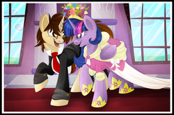 Size: 1881x1250 | Tagged: safe, artist:blackfreya, twilight sparkle, alicorn, pony, g4, clothes, coronation dress, crossover, crossover shipping, dress, female, male, mare, peter parker, ponified, shipping, spider-man, spiders and magic: rise of spider-mane, spidertwi, suit, twilight sparkle (alicorn)