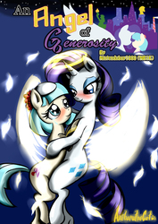 Size: 1240x1748 | Tagged: safe, artist:anibaruthecat, coco pommel, rarity, angel, pony, g4, bipedal, blushing, crying, fanfic, fanfic art, feather, female, halo, hug, lesbian, manehattan, ship:marshmallow coco, shipping