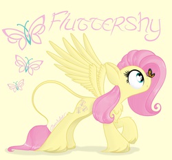 Size: 2288x2128 | Tagged: dead source, safe, artist:grendeleev, fluttershy, butterfly, g4, butterfly on nose, cloven hooves, female, high res, insect on nose, leonine tail, simple background, solo, unshorn fetlocks, yellow background