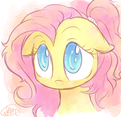 Size: 900x870 | Tagged: safe, artist:spikedmauler, fluttershy, pegasus, pony, g4, alternate hairstyle, cute, female, floppy ears, hnnng, ponytail, portrait, shyabetes, signature, solo