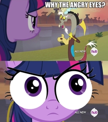 Size: 957x1078 | Tagged: safe, edit, edited screencap, screencap, discord, twilight sparkle, alicorn, pony, g4, three's a crowd, close-up, dialogue, discord's pendant, female, flag, hub logo, image macro, mare, meme, special eyes, twilight sparkle (alicorn), twilight sparkle is not amused, unamused