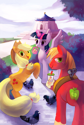 Size: 672x1000 | Tagged: safe, artist:amy30535, applejack, big macintosh, twilight sparkle, alicorn, bird, earth pony, pigeon, pony, g4, bubble tea, butt, chiang kai-shek, chiang kai-shek memorial hall, drink, female, looking at you, magic, mare, plot, taipei, taiwan, twilight sparkle (alicorn)