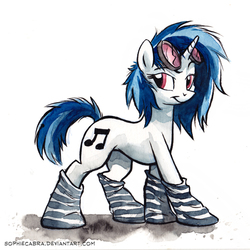 Size: 600x601 | Tagged: safe, artist:kenket, artist:spainfischer, dj pon-3, vinyl scratch, pony, g4, clothes, concave belly, female, looking at you, looking back, looking back at you, side view, slender, socks, solo, striped socks, thin, traditional art