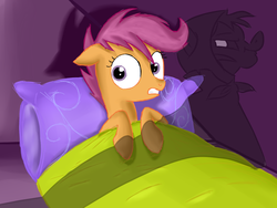 Size: 1400x1050 | Tagged: safe, artist:robin jacks, olden pony, scootaloo, g4, sleepless in ponyville, bed, shadow