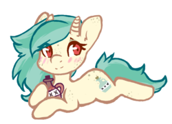 Size: 904x654 | Tagged: safe, artist:pomrawr, oc, oc only, oc:moonshine, pony, unicorn, bottle, freckles, prone, simple background, solo, transparent background