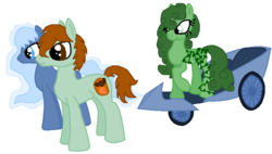 Size: 702x400 | Tagged: safe, artist:mlploverandsoniclover, oc, oc only, oc:potted plant, oc:princess growing vines, oc:silver mist, earth pony, pegasus, pony, chariot, earth pony oc, pegasus oc, simple background, tail, vine, white background