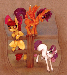 Size: 1617x1805 | Tagged: safe, artist:-fuchs-, apple bloom, scootaloo, sweetie belle, g4, balancing, blushing, climbing, colored, cutie mark crusaders, fence, looking up, open mouth, simple background, smiling, spread wings, traditional art, unshorn fetlocks