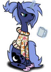 Size: 691x967 | Tagged: safe, artist:sofilut, princess luna, pony, g4, alternate hairstyle, bed mane, bunny slippers, clothes, coffee, female, magic, morning ponies, mug, ponytail, s1 luna, simple background, solo, sweater, transparent background