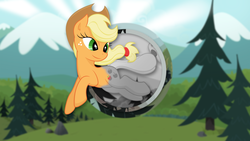 Size: 1920x1080 | Tagged: safe, artist:abion47, artist:meteor-venture, applejack, g4, color, female, field, grayscale, jumping, monochrome, solo, tree, vector, wallpaper