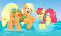 Size: 18000x10800 | Tagged: safe, artist:xniclord789x, apple bloom, applejack, g4, absurd resolution, butt, clothes, duo, female, missing accessory, ocean, one-piece swimsuit, plot, sibling love, siblings, sisterly love, sisters, splashing, swimsuit, underhoof, water wings, wet mane