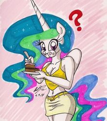 Size: 1323x1504 | Tagged: safe, artist:newyorkx3, princess celestia, anthro, g4, belly button, breasts, cake, cakelestia, cleavage, clothes, female, messy eating, midriff, question mark, solo, tank top, traditional art