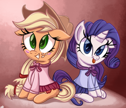 Size: 960x824 | Tagged: safe, artist:daniel-sg, applejack, rarity, pony, g4, blushing, clothes, dress, silly, silly pony