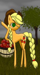 Size: 1200x2250 | Tagged: safe, artist:kharmatika, applejack, g4, alternate hairstyle, apple, braid, braided tail, concave belly, female, food, lanky, raised hoof, skinny, solo, sweat, thin, thin legs, tree