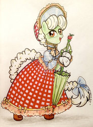 Size: 900x1232 | Tagged: safe, artist:oriwhitedeer, granny smith, earth pony, pony, g4, bipedal, bow, clothes, female, gloves, solo, traditional art, umbrella
