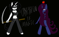 Size: 1024x640 | Tagged: safe, artist:thelordofdust, oc, oc only, oc:maneia, oc:nocturna, anthro, apple, fanfic, fanfic art, fanfic cover, megalomaneia, obsession is magic, scythe