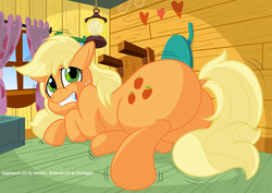 Size: 1024x724 | Tagged: dead source, safe, artist:duragan, applejack, earth pony, pony, g4, butt, chubby, clubhouse, crusaders clubhouse, dock, female, giant pony, giantess, growth, macro, plot, scared, solo
