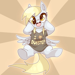 Size: 1477x1477 | Tagged: safe, artist:igriega13, derpy hooves, pegasus, pony, g4, clothes, cute, derpabetes, dubstep, female, food, heart eyes, looking at you, mare, muffin, open mouth, shirt, sitting, smiling, solo, spread wings, t-shirt, underhoof, wingding eyes