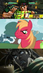 Size: 1280x2160 | Tagged: safe, big macintosh, earth pony, human, pony, g4, jojo's bizarre adventure, joseph joestar, male, meme, mohammed avdol, no, shocked, stallion, subversion, text