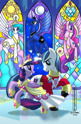 Size: 600x910 | Tagged: safe, artist:amy mebberson, idw, princess cadance, princess celestia, princess luna, shining armor, twilight sparkle, alicorn, pony, unicorn, friends forever, g4, spoiler:comic, brother and sister, clothes, comic, comic cover, coronation dress, cover, crown, dress, female, horn, horns are touching, jewelry, male, mare, regalia, siblings, stained glass, stallion, twilight sparkle (alicorn)