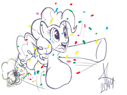 Size: 454x340 | Tagged: safe, artist:hope(n forever), pinkie pie, earth pony, pony, g4, confetti, female, mare, party cannon, perspective, pony cannonball, solo, tongue out, wip