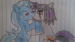 Size: 886x500 | Tagged: safe, artist:bronynel, trixie, oc, oc:shooting star, g4, canon x oc, kissing, shipping, traditional art