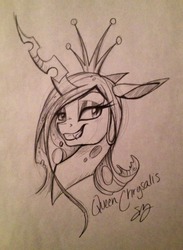 Size: 536x734 | Tagged: safe, artist:probablyfakeblonde, queen chrysalis, changeling, changeling queen, bedroom eyes, fangs, female, grin, looking at you, monochrome, portrait, sketch, smiling, smug, solo, traditional art