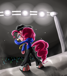 Size: 1400x1600 | Tagged: safe, artist:luciferamon, pinkie pie, earth pony, pony, g4, bipedal, clothes, concert, crowd, female, freestyle, glowstick, mare, rap, rapper pie, rapping, solo focus, stage