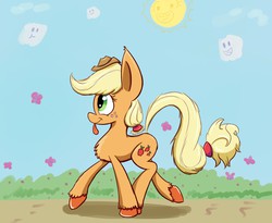 Size: 1100x900 | Tagged: safe, artist:heir-of-rick, applejack, butterfly, pony, g4, chest fluff, female, impossibly large ears, silly, silly pony, solo, tongue out, unshorn fetlocks, walking