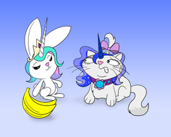 Size: 6242x5013 | Tagged: safe, artist:belugatoons, angel bunny, opalescence, g4, testing testing 1-2-3, absurd resolution, angelestia, banana, bananalestia, do you like bananas?, friendship is magic bitch, opaluna, trollestia