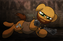 Size: 1024x663 | Tagged: safe, artist:drawponies, earth pony, pony, beard, crossover, cutie mark, dual pistols, dual wield, facial hair, floppy ears, gun, handgun, hooves, male, max payne, pistol, ponified, solo, stallion, text, weapon