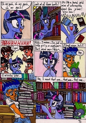 Size: 1359x1937 | Tagged: safe, artist:newyorkx3, flash sentry, spike, twilight sparkle, alicorn, dragon, pony, comic:twilight and the big city, g4, book, comic, female, library, male, mare, nerdgasm, ohmygosh, that pony sure does love books, traditional art, twilight sparkle (alicorn)