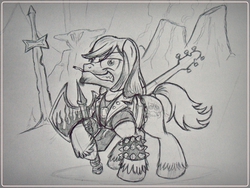 Size: 2048x1536 | Tagged: safe, artist:ruhisu, earth pony, pony, axe, brutal legend, chains, cigarette, clothes, eddie riggs, electric guitar, guitar, heavy metal, jack black, leather, leather vest, male, monochrome, monuments, musical instrument, ponified, sketch, solo, stallion, sword, vest