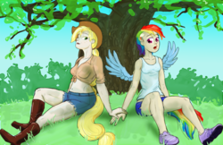 Size: 800x518 | Tagged: safe, artist:capt_hairball, applejack, rainbow dash, human, g4, belly button, clothes, duo, female, front knot midriff, humanized, lesbian, midriff, ship:appledash, shipping, tailed humanization, tank top, winged humanization