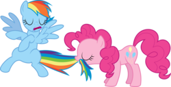 Size: 11798x6000 | Tagged: safe, artist:dasprid, pinkie pie, rainbow dash, earth pony, pegasus, pony, g4, absurd resolution, duo, eyes closed, female, lesbian, ship:pinkiedash, shipping, simple background, tail bite, tail pull, transparent background, vector