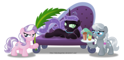 Size: 1280x626 | Tagged: safe, artist:aleximusprime, diamond tiara, silver spoon, sweetie belle, earth pony, pony, unicorn, g4, accessory theft, cupcake, fangs, female, filly, foal, glasses, milkshake, missing accessory, necklace, nightmare sweetie belle, revenge, servant, simple background, slave, tiara, transparent background