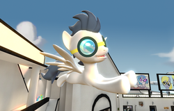 Size: 1600x1024 | Tagged: safe, artist:viranimation, rumble, pegasus, g4, 3d, billboard, cloudsdale, colt, female, flying, foal, glasses, gmod, goggles, male, mare, open mouth, sky, sunglasses