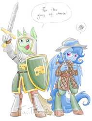 Size: 2280x3000 | Tagged: safe, artist:taritoons, oc, oc only, oc:buttercheese, anthro, duo, fantasy class, high res, knight, warrior