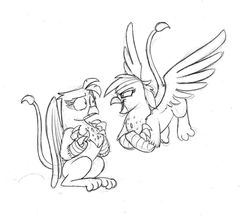 Size: 1200x1050 | Tagged: safe, artist:mickeymonster, gilda, rainbow dash, griffon, g4, beak, confused, crossed arms, duo, female, flying, grayscale, griffonized, monochrome, open beak, open mouth, rainbow griffon, shrunken pupils, simple background, smug, species swap, traditional art, white background