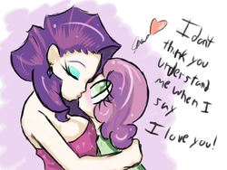 Size: 640x480 | Tagged: safe, artist:acharmingpony, rarity, sweetie belle, human, g4, belle sisters, blushing, dialogue, duo, earring, eyes closed, female, heart, hug, humanized, incest, kiss on the lips, kissing, lesbian, older, ship:raribelle, shipping, strapless, surprise kiss, surprised, wide eyes