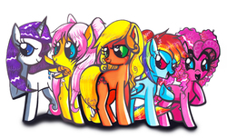 Size: 752x459 | Tagged: safe, artist:aurora-chiaro, applejack, fluttershy, pinkie pie, rainbow dash, rarity, earth pony, pegasus, pony, unicorn, g4, alternate hairstyle, remane five, traditional art