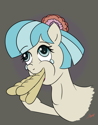 Size: 1823x2326 | Tagged: safe, artist:rainbow-dosh, coco pommel, earth pony, pony, g4, ahegao, breadsticks, erotic eating, female, food, gentlemen, solo, teary eyes, throat bulge