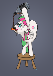 Size: 1017x1441 | Tagged: safe, artist:rainbow-dosh, blossomforth, g4, backbend, balancing, blushing, contortionist, drinking, drunk, female, flexible, floppy ears, hoof hold, jack daniels, open mouth, smiling, solo, that pony sure is flexible, tongue out