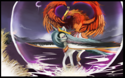 Size: 6978x4320 | Tagged: safe, artist:auroriia, philomena, princess celestia, phoenix, g4, absurd resolution, force field, injured, moon, updated