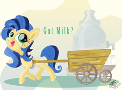 Size: 1024x760 | Tagged: safe, artist:loreto-arts, oc, oc only, oc:milky way, pony, cart, female, got milk, mare, milk, solo