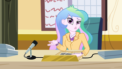 Size: 1366x768 | Tagged: safe, screencap, princess celestia, principal celestia, equestria girls, g4, celestia's office, chair, cutie mark accessory, cutie mark on clothes, desk, face, faic, female, frown, looking at you, microphone, raised eyebrow, shrug, sitting, solo